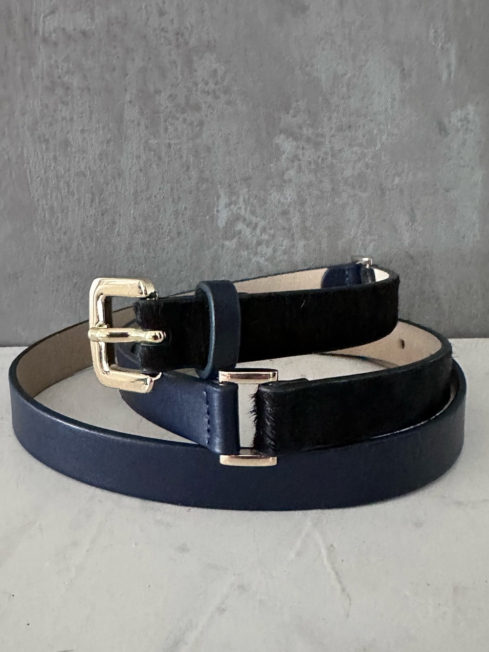 Ann Taylor NAVY BLACK Calf Hair VEGAN LEATHER Women’s Belt LARGE
